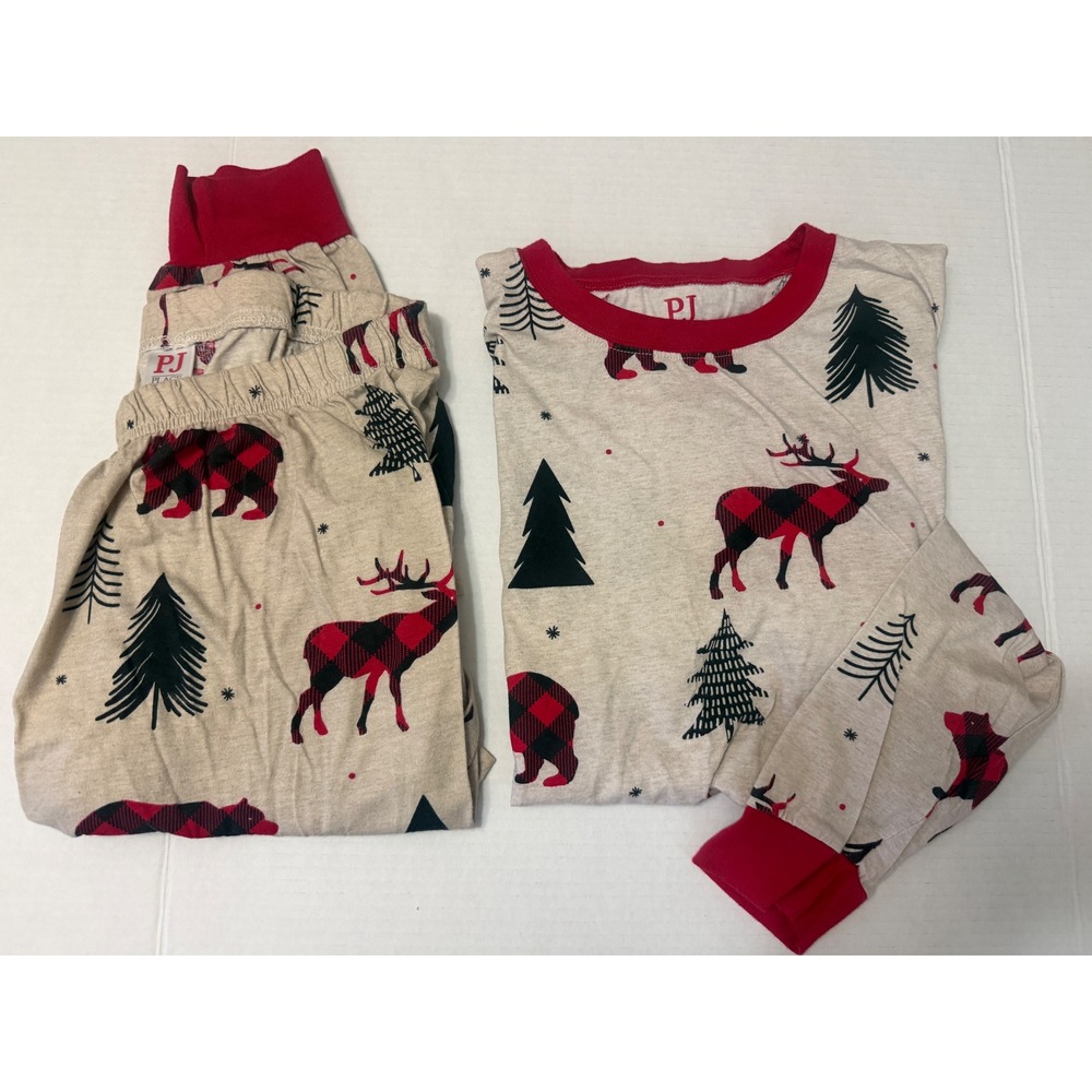 PJ Place Kids Pajama Set M Red Buffalo Plaid Bear Reindeer Christmas Cotton
